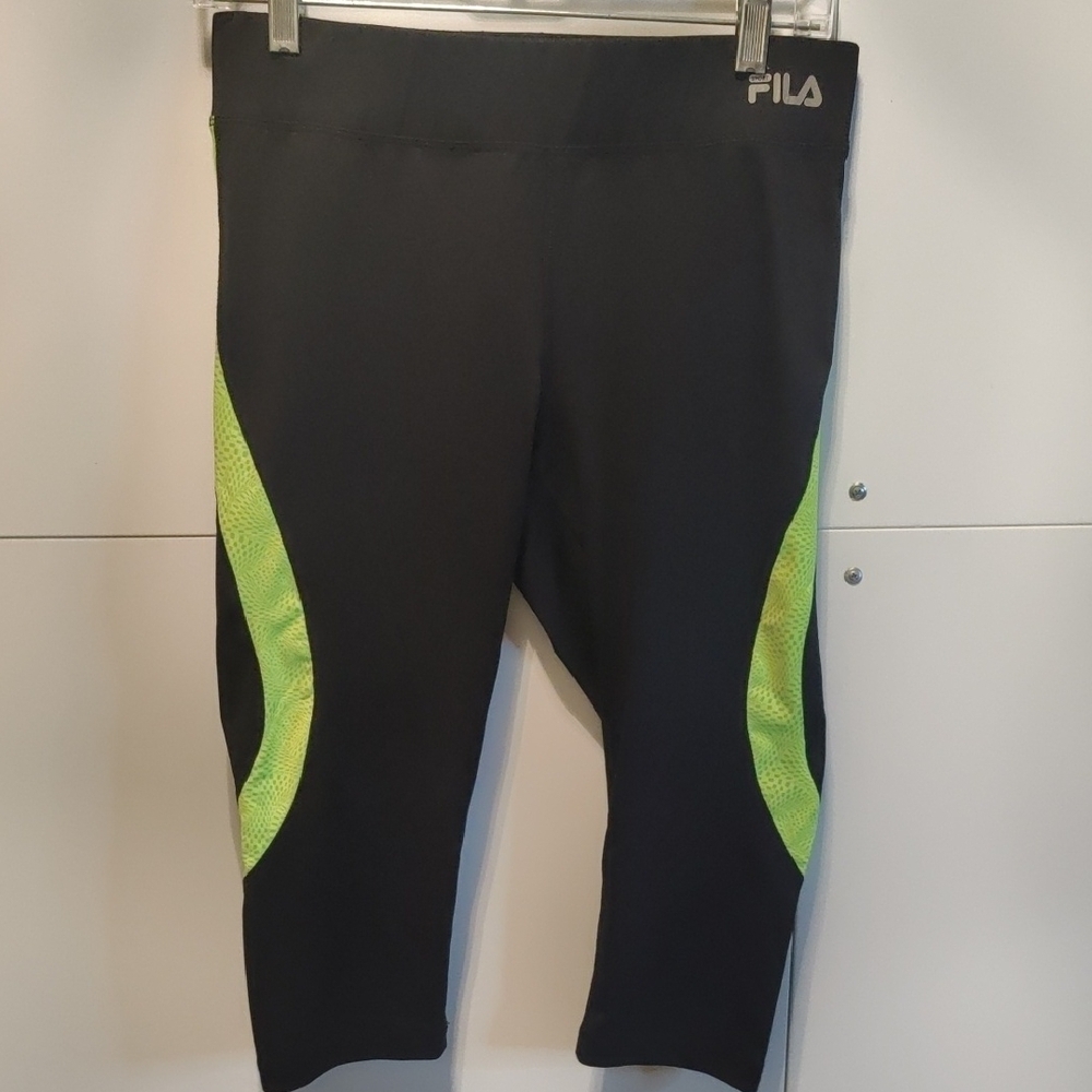 FILA SPORT Running Leggings Black Neon Green Mesh Activewear Medium